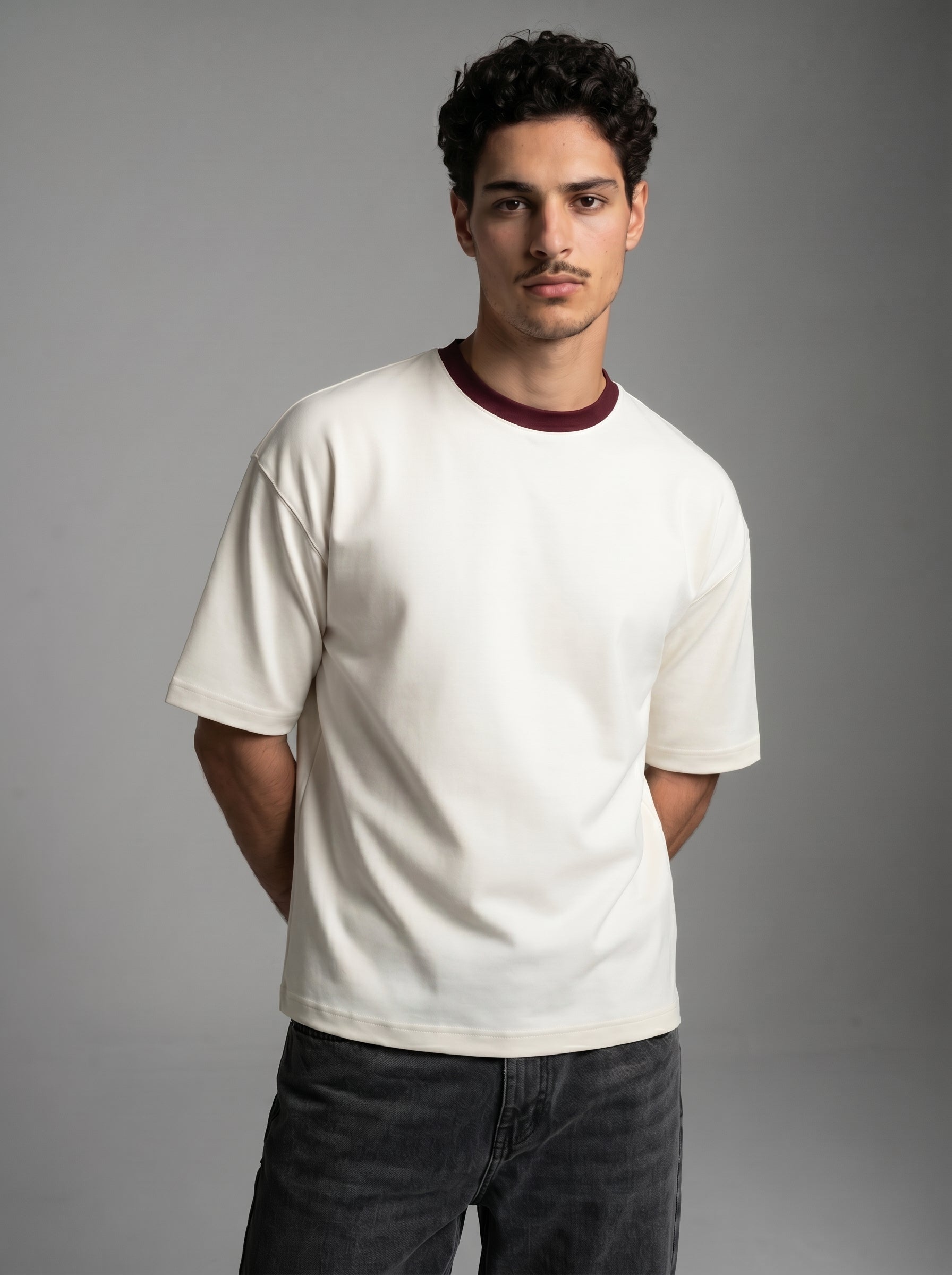 Contrast Collar Boxy Tee — Off-White X Burgundy