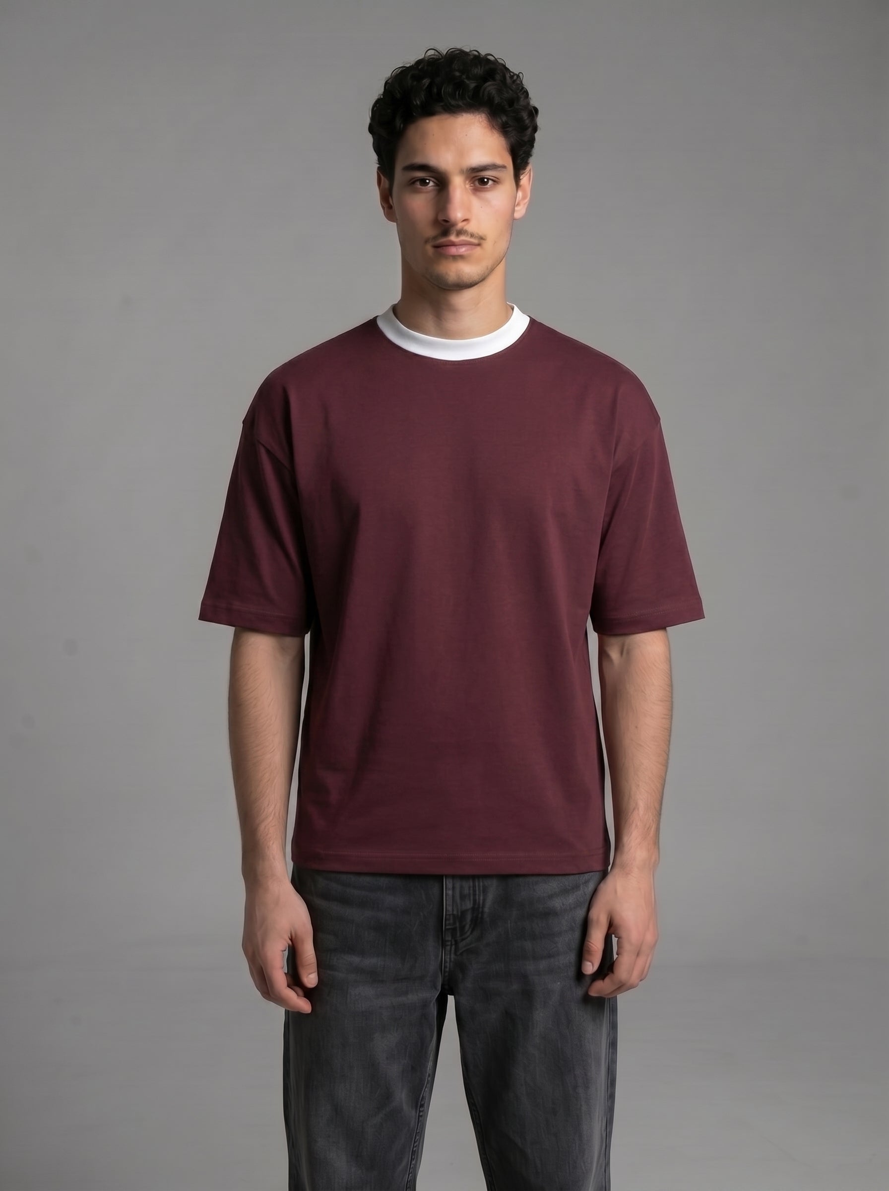 Contrast Collar Boxy Tee — Burgundy X White