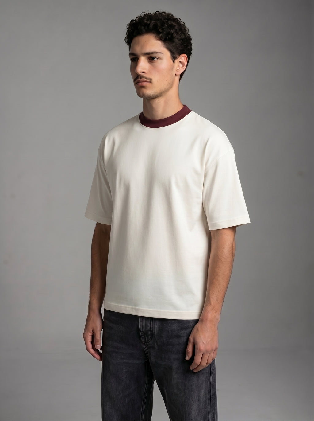 Contrast Collar Boxy Tee — Off-White X Burgundy