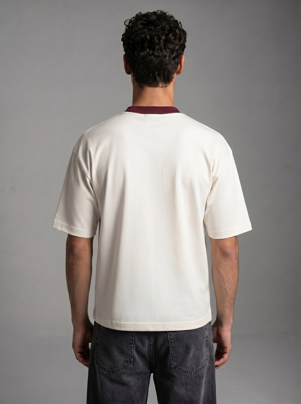 Contrast Collar Boxy Tee — Off-White X Burgundy