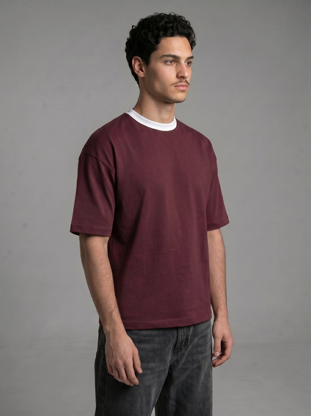 Contrast Collar Boxy Tee — Burgundy X White
