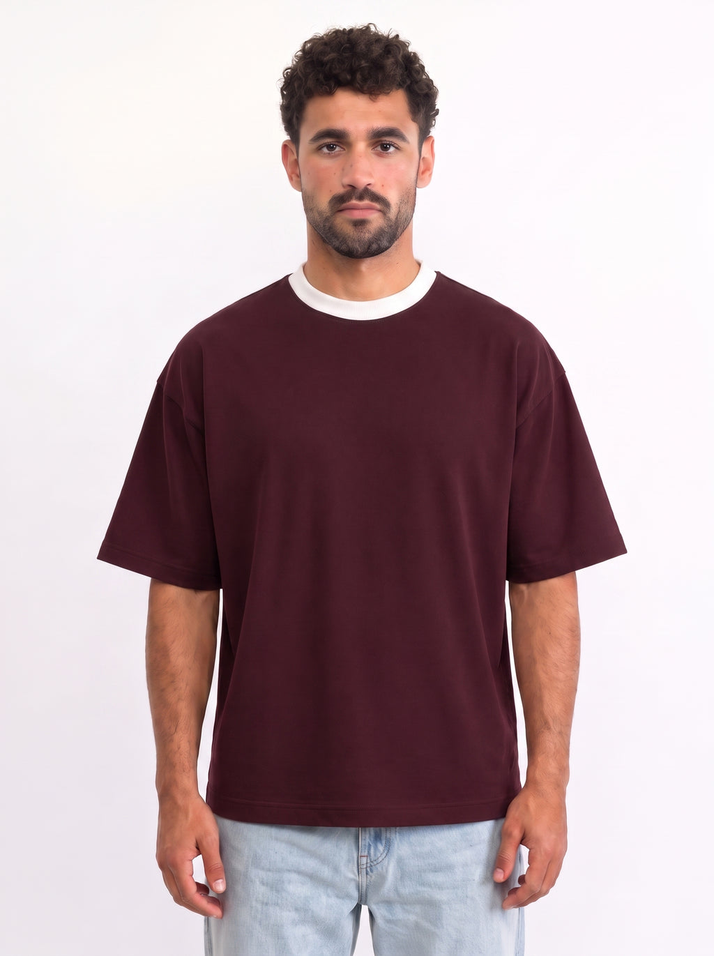 Contrast Collar Boxy Tee — Burgundy X White