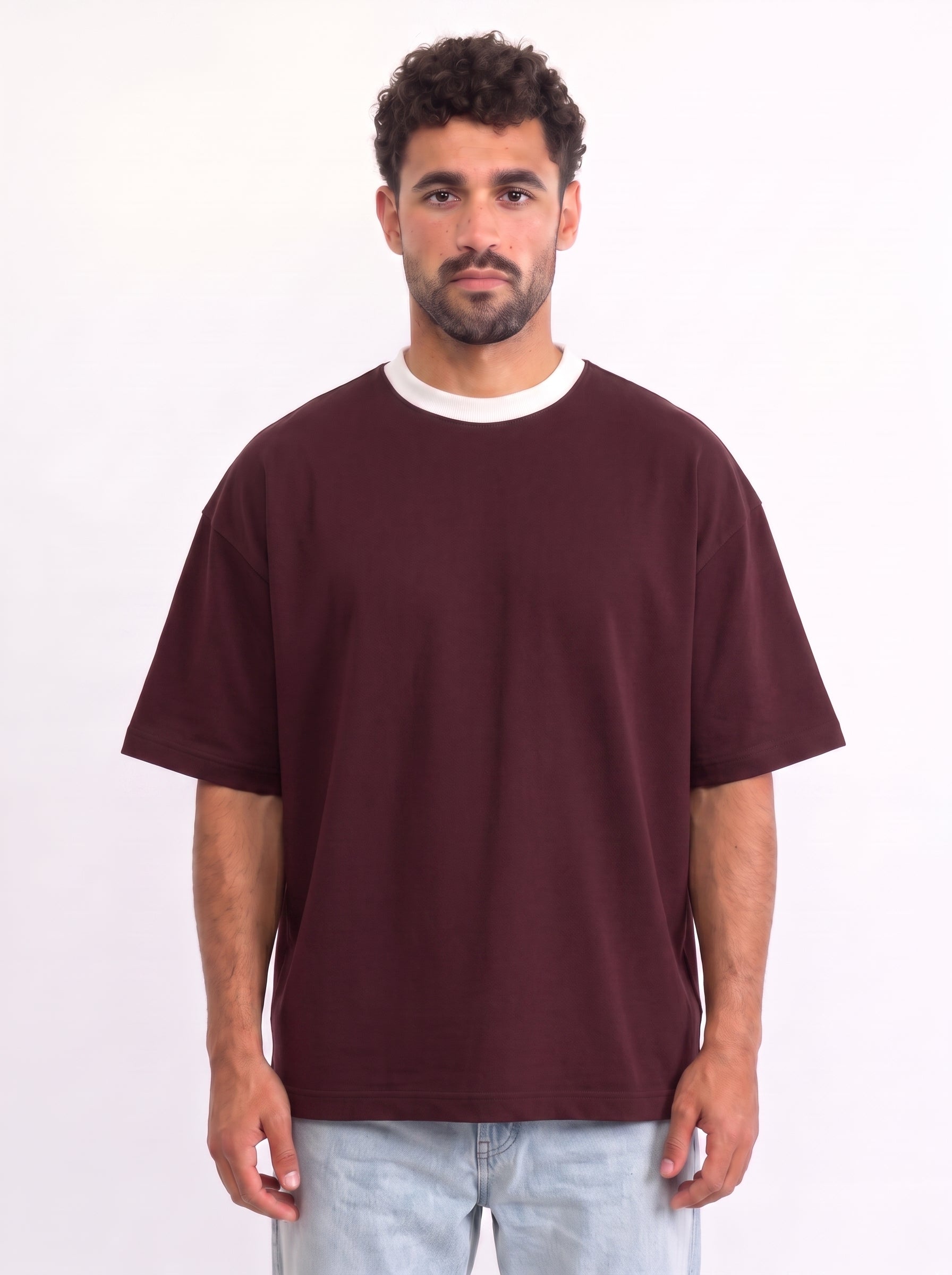 Contrast Collar Boxy Tee — Burgundy X White
