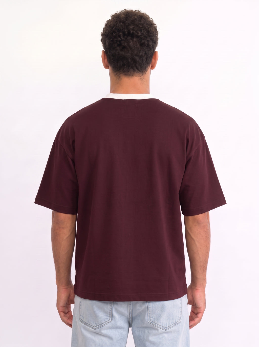 Contrast Collar Boxy Tee — Burgundy X White