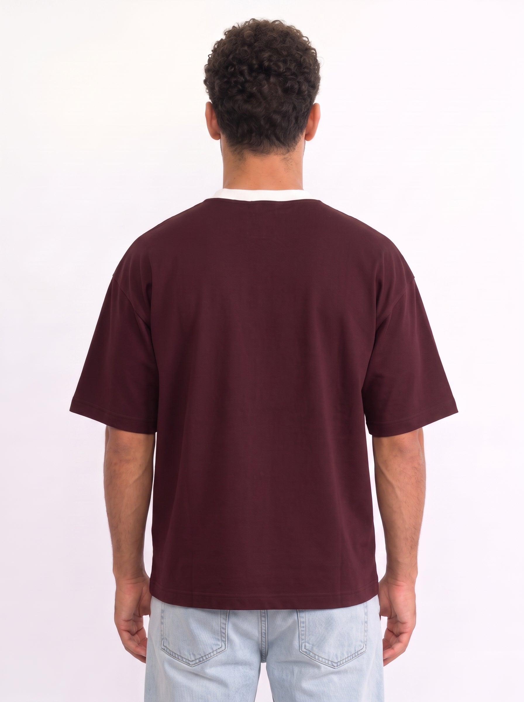 Contrast Collar Boxy Tee — Burgundy X White