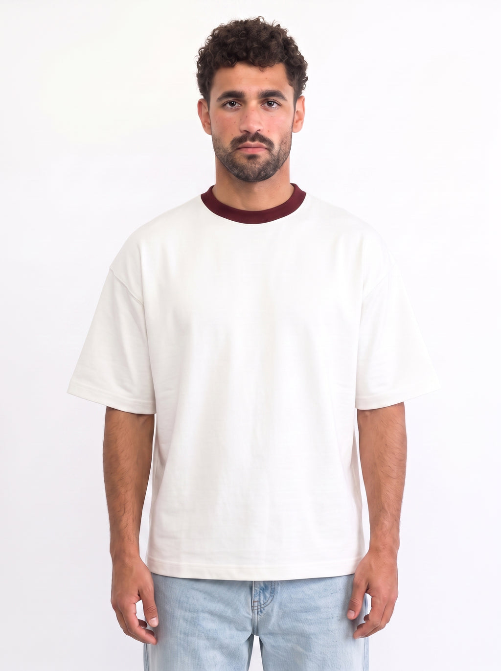 Contrast Collar Boxy Tee — Off-White X Burgundy