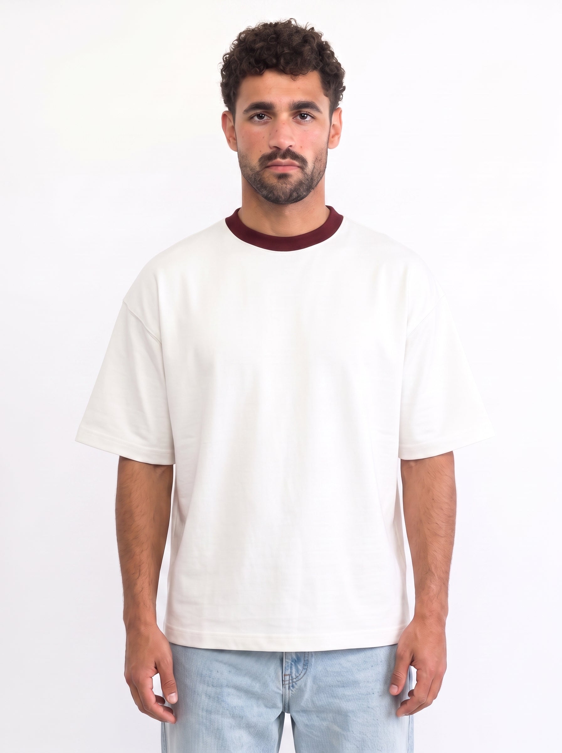 Contrast Collar Boxy Tee — Off-White X Burgundy