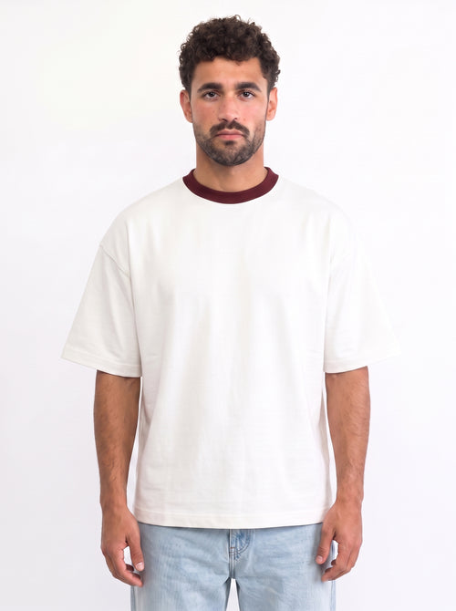 Contrast Collar Boxy Tee — Off-White X Burgundy